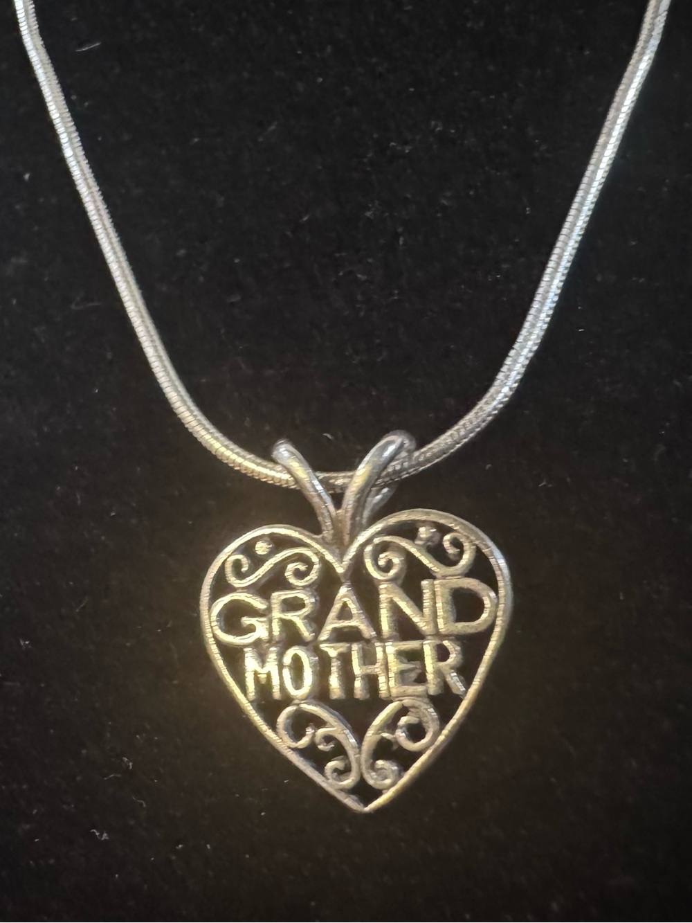 Vintage Grand Mother Heart Pendant Charm Chain Necklace Patina Sterling Silver